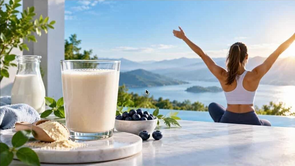 Mujer disfrutando el bienestar junto a un batido de proteina Immunocal con vista al lago
